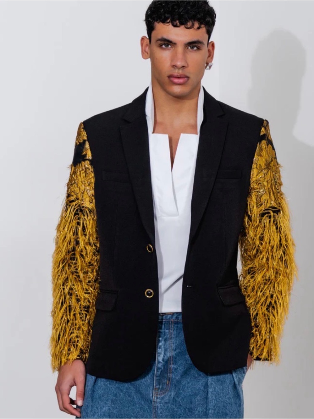 ORTTU Black Blazer with Gold Feather Sleeve Accents Size M